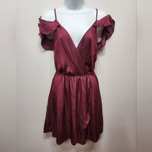 Charlotte Russe‎ Dress Medium  Burgundy Low Cut V Neck Ruffle Knee Length B676